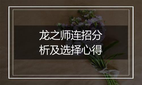 龙之师连招分析及选择心得